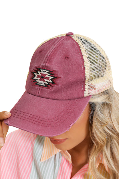 Coral Aztec Pattern Cotton Distressed Baseball Cap