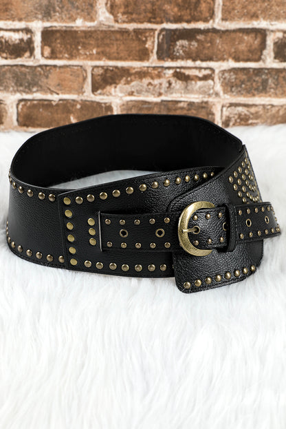 Black Retro Rivet Studded PU Leather Wide Waist Belt