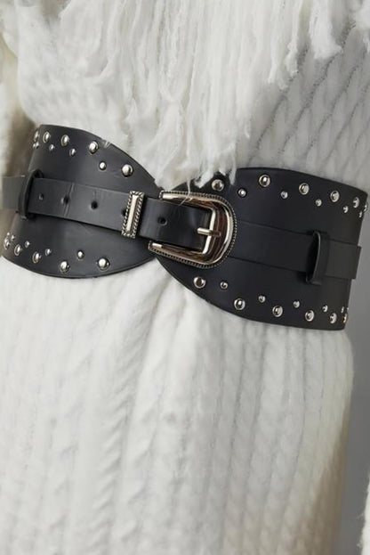 Black Studded Faux Leather Wide Belt