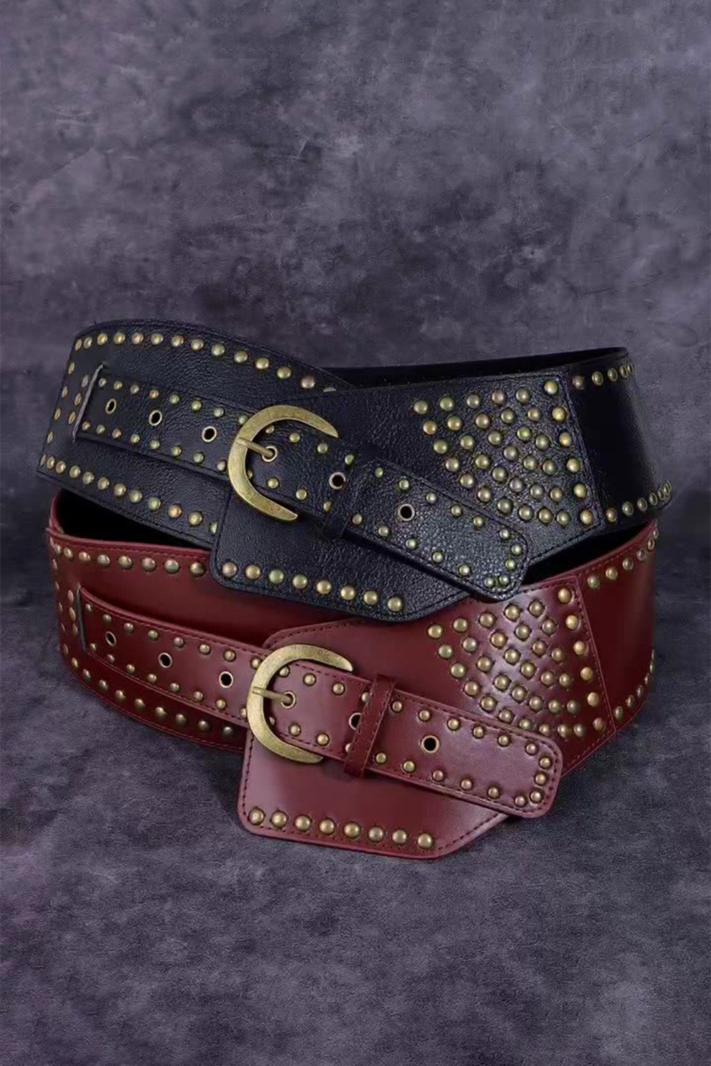 Black Retro Rivet Studded PU Leather Wide Waist Belt