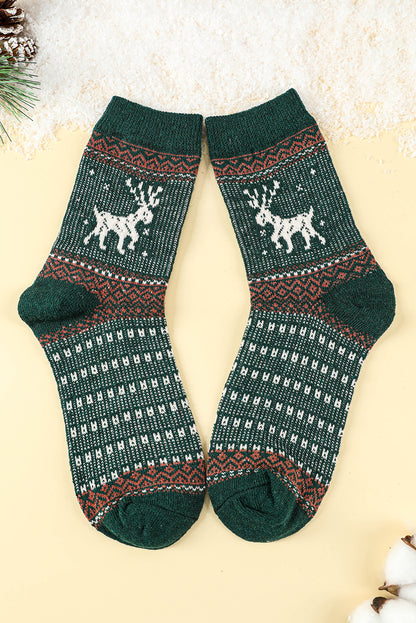 Blackish Green 5 Pairs/Set Christmas Reindeer Soft Crew Socks