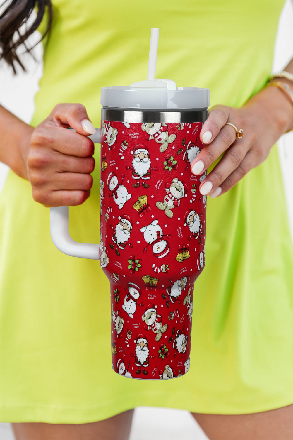 Fiery Red Christmas Print Handled Stainless Steel Tumblers 40oz