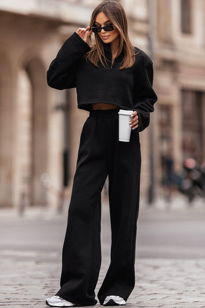 Black Zipped Collared Crop Top and Wide Leg Pants Set