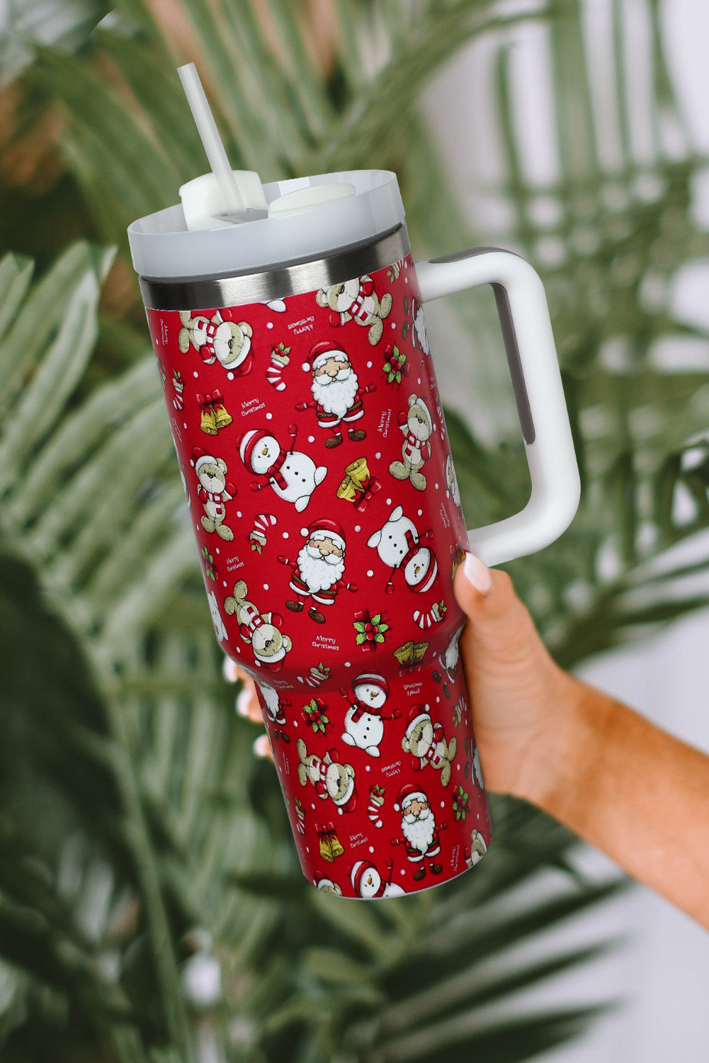 Fiery Red Christmas Print Handled Stainless Steel Tumblers 40oz