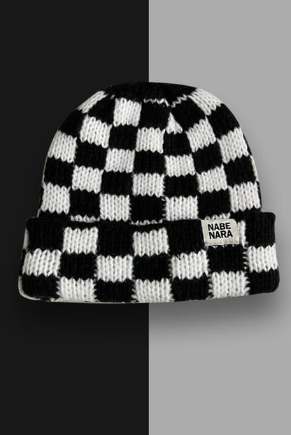 Black Two Tone Checkered Folded Eaveless Beanie Cap