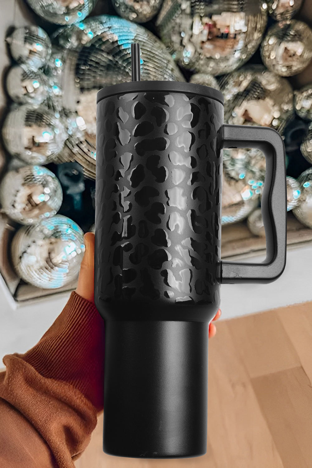 Black Polished Leopard Emboss Straw Insert Thermal Tumbler 40oz