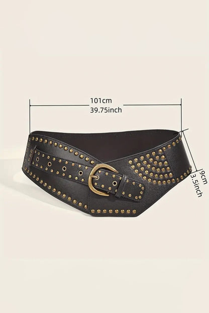 Black Retro Rivet Studded PU Leather Wide Waist Belt