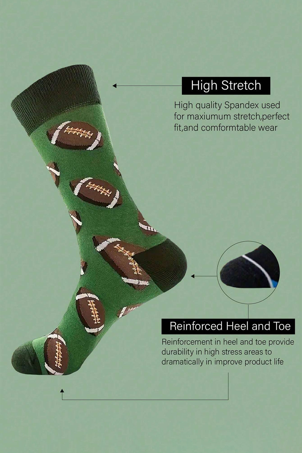 Blackish Green Rugby Football Print Mid-length Socks