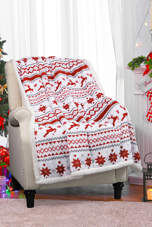 White Christmas Reindeer Snowflake Printed Sherpa Blanket