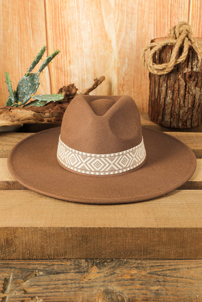 Brown Aztec Embroidery Retro Flat Fedora Hat