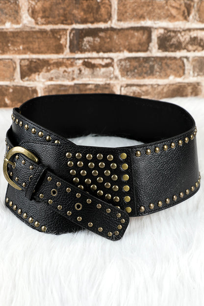 Black Retro Rivet Studded PU Leather Wide Waist Belt