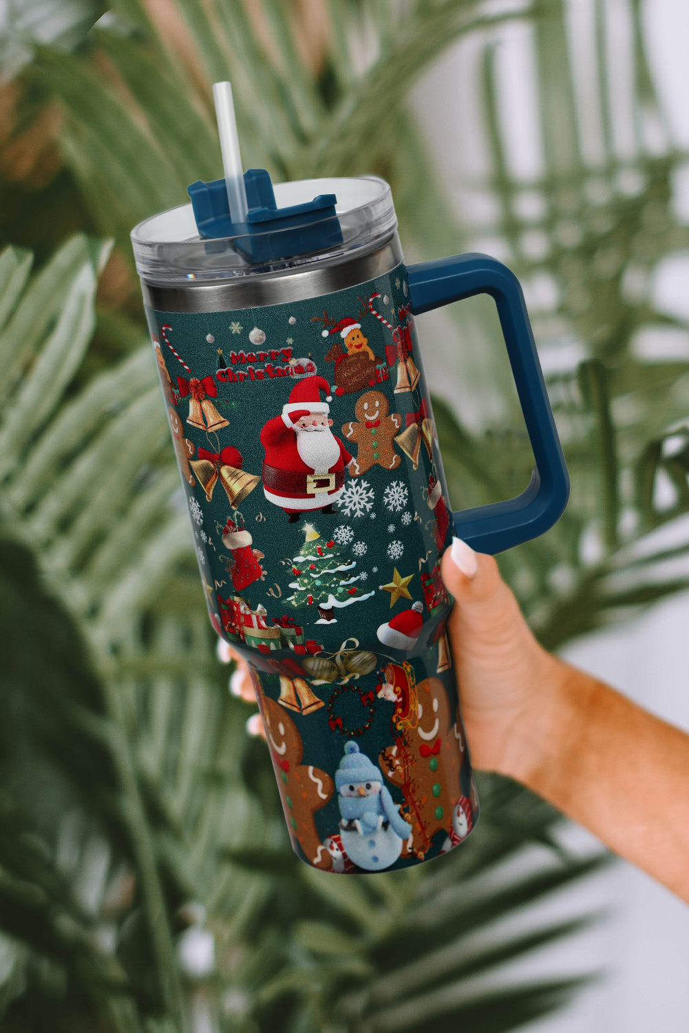 Fiery Red Christmas Print Handled Stainless Steel Tumblers 40oz