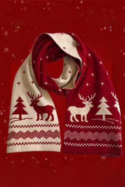 Burgundy Elk Christmas Tree Print Knitted Scarf