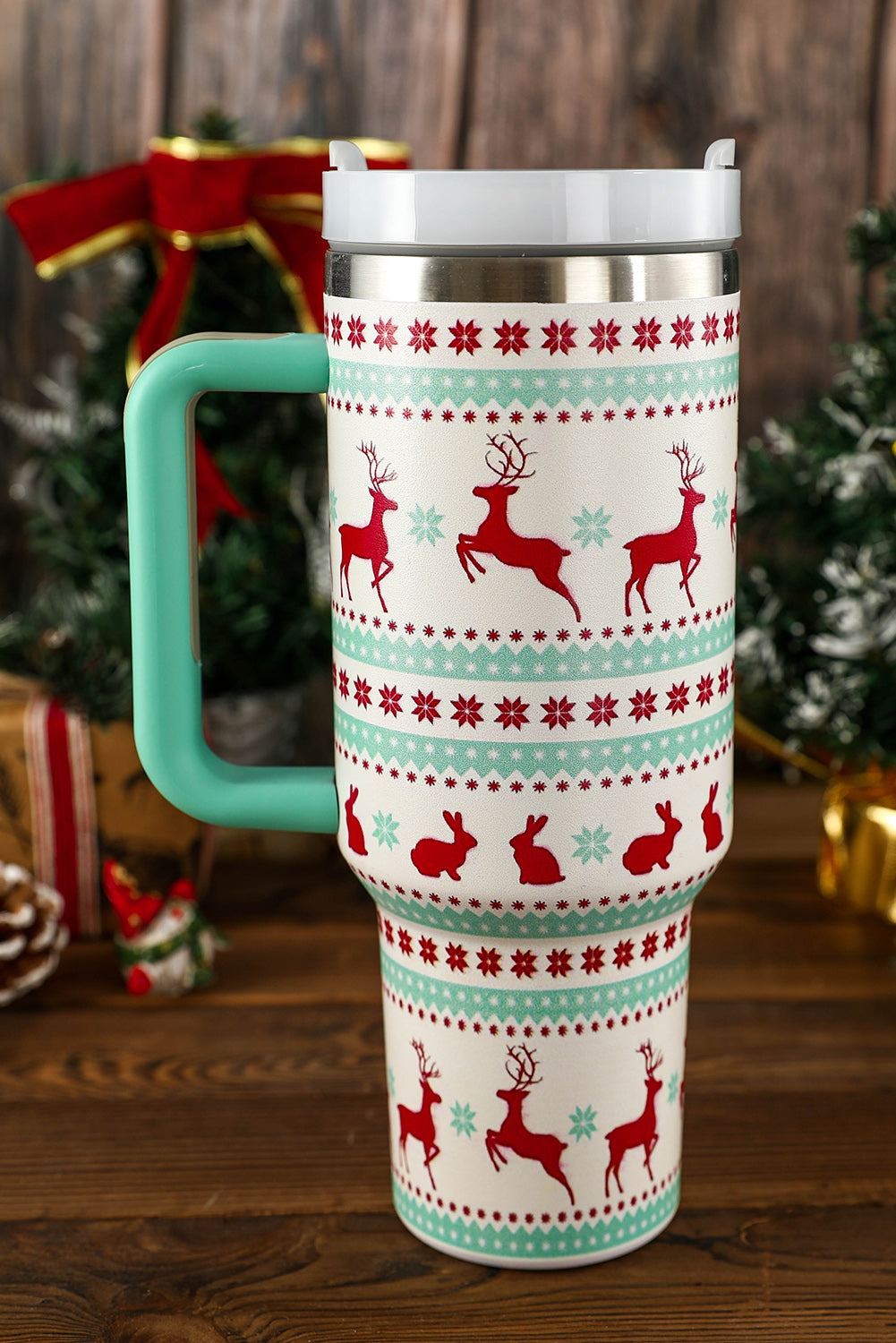 Fiery Red Christmas Print Handled Stainless Steel Tumblers 40oz