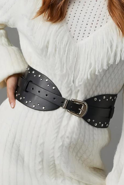 Black Studded Faux Leather Wide Belt