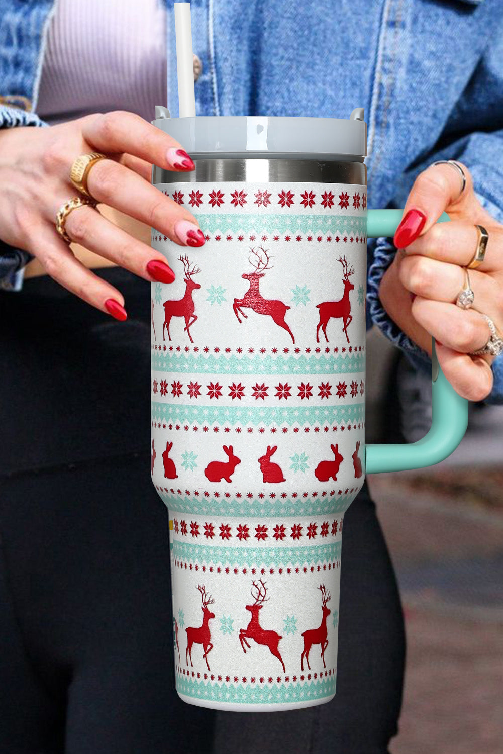 Fiery Red Christmas Print Handled Stainless Steel Tumblers 40oz