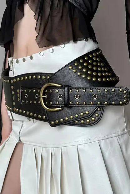 Black Retro Rivet Studded PU Leather Wide Waist Belt