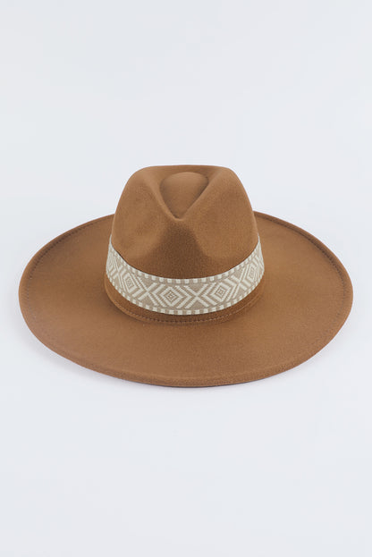 Brown Aztec Embroidery Retro Flat Fedora Hat