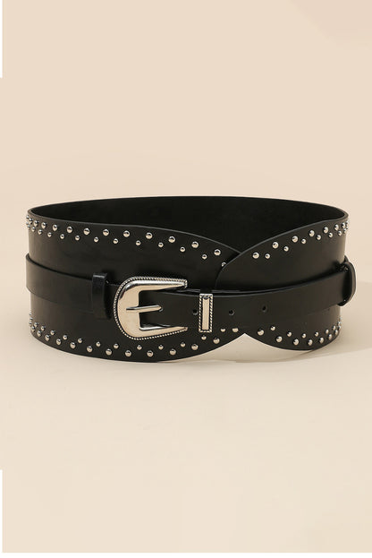 Black Studded Faux Leather Wide Belt