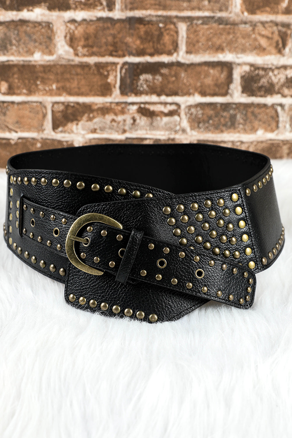 Black Retro Rivet Studded PU Leather Wide Waist Belt