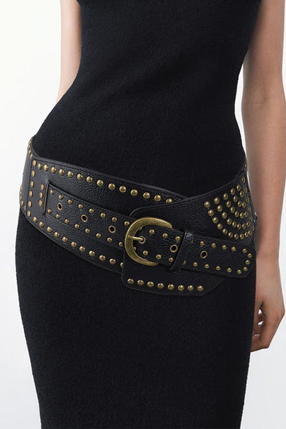 Black Retro Rivet Studded PU Leather Wide Waist Belt