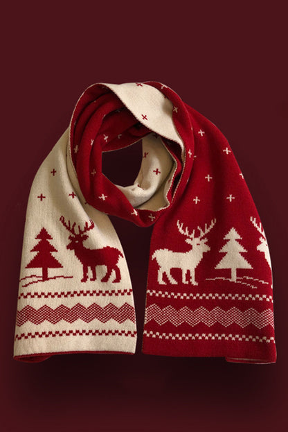 Burgundy Elk Christmas Tree Print Knitted Scarf