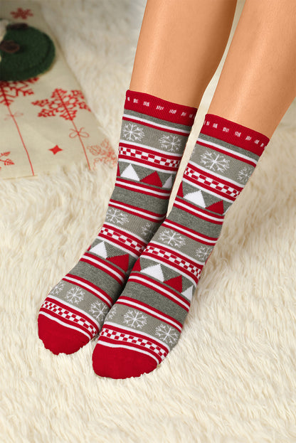 Fiery Red Christmas Geometric Snowflake Print Crew Socks