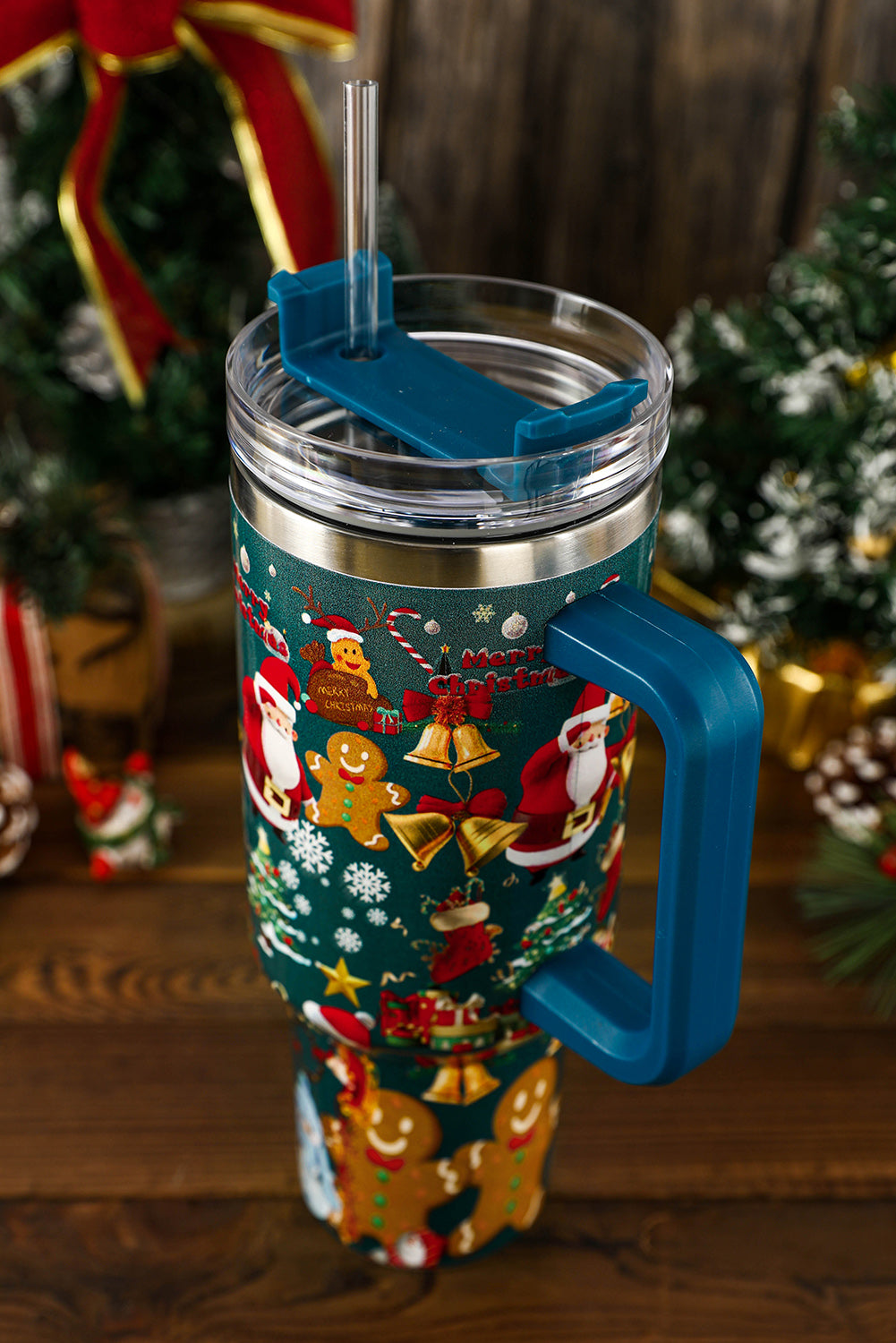 Fiery Red Christmas Print Handled Stainless Steel Tumblers 40oz