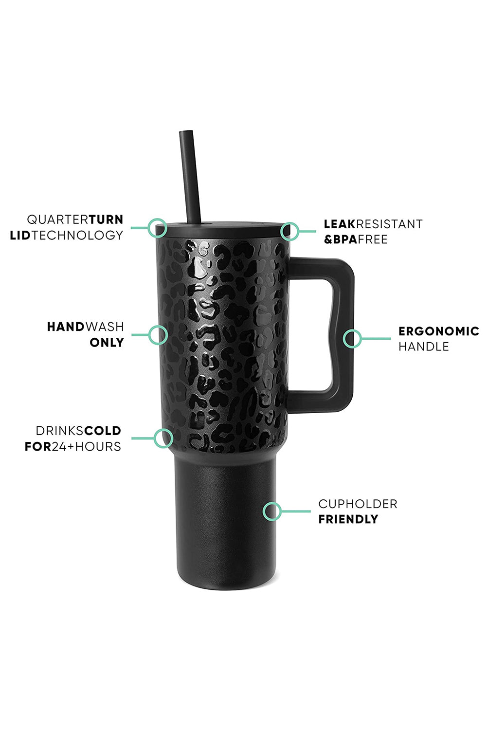 Black Polished Leopard Emboss Straw Insert Thermal Tumbler 40oz