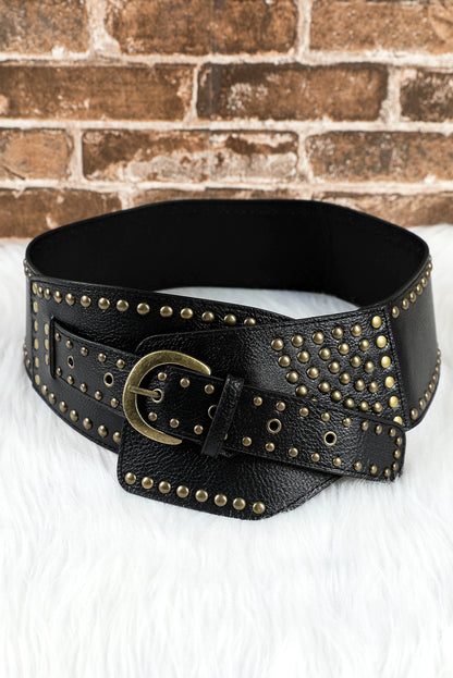 Black Retro Rivet Studded PU Leather Wide Waist Belt