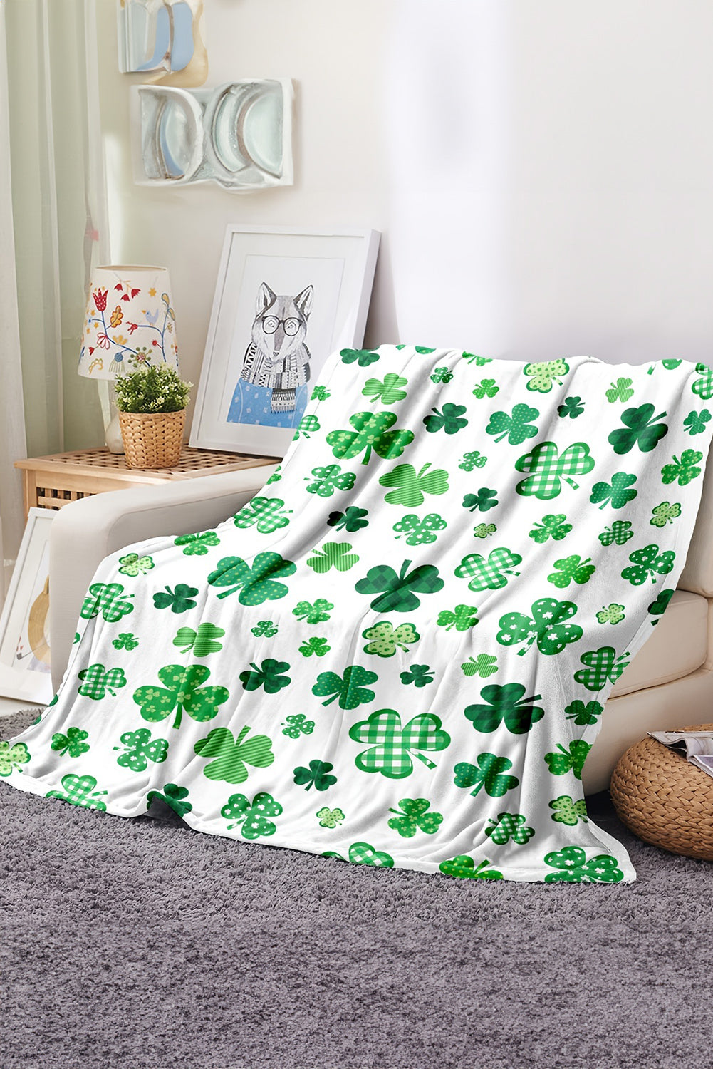 White St. Patrick Clover Print Nap Blanket 130*150cm