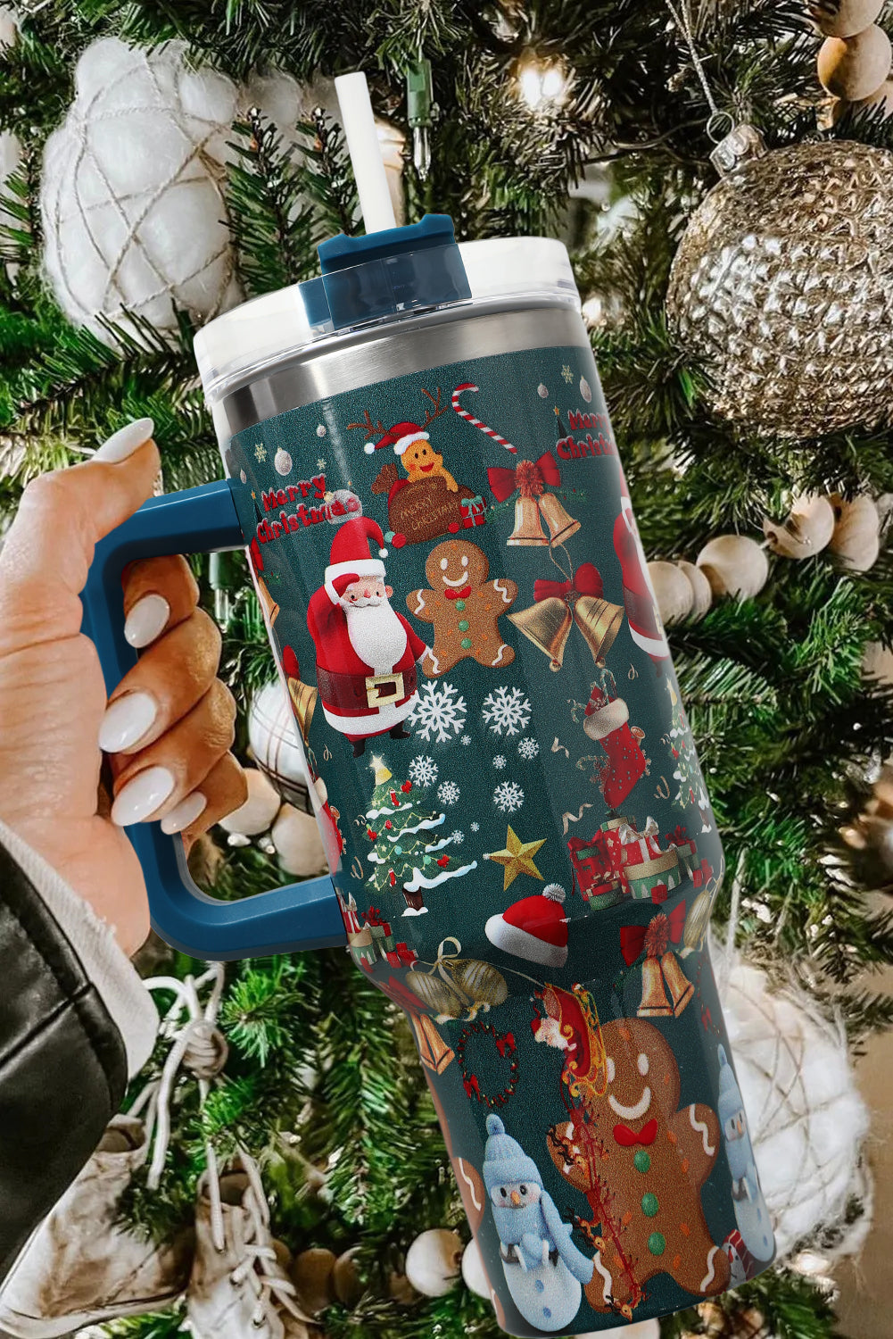 Fiery Red Christmas Print Handled Stainless Steel Tumblers 40oz