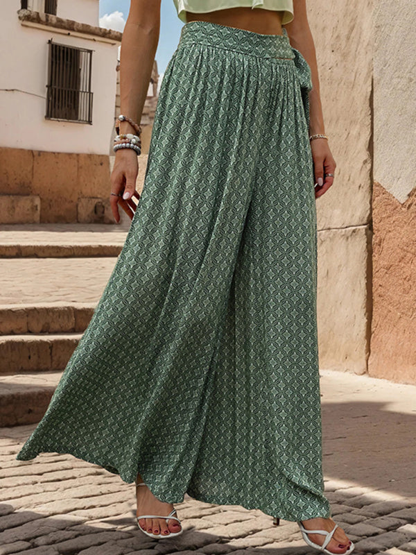 New women's lace-up high-waisted casual printed wide-leg trousers