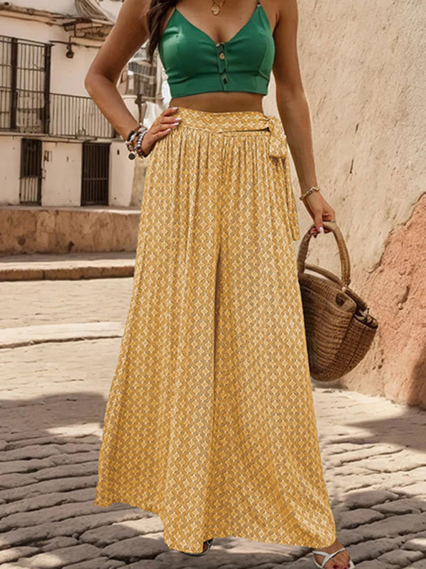 New women's lace-up high-waisted casual printed wide-leg trousers