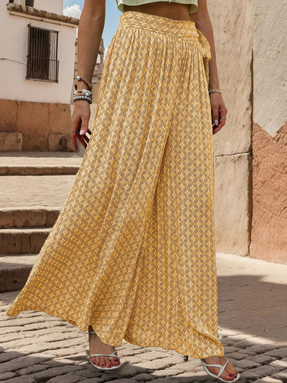 New women's lace-up high-waisted casual printed wide-leg trousers